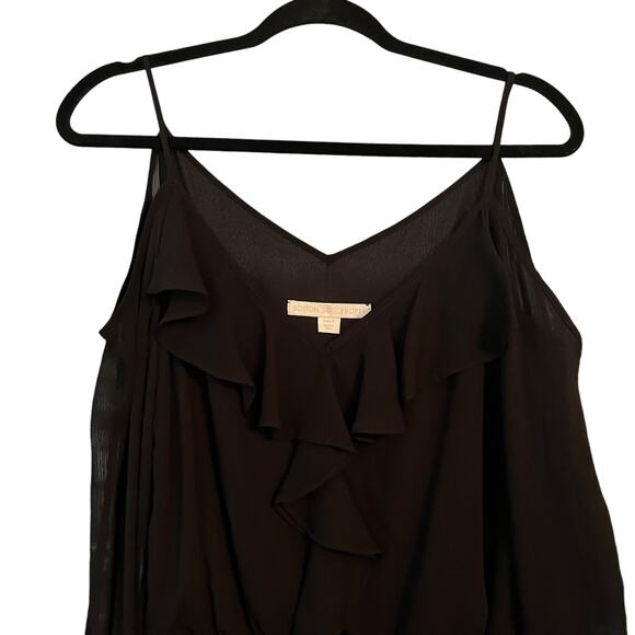 Boston Proper Black Dress Cold Shoulder Sheer Ruffle Front Gathered Waist Sz. 8 - Picture 2 of 12